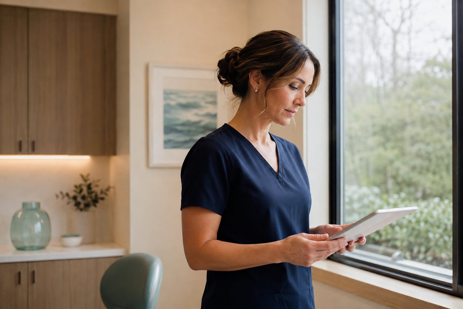 Fictional founder Dr. Amelia Rowan reviewing a chart beside a consultation room window