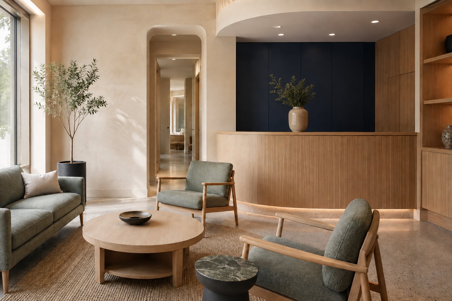 A warm reception lounge with quiet seating and natural light