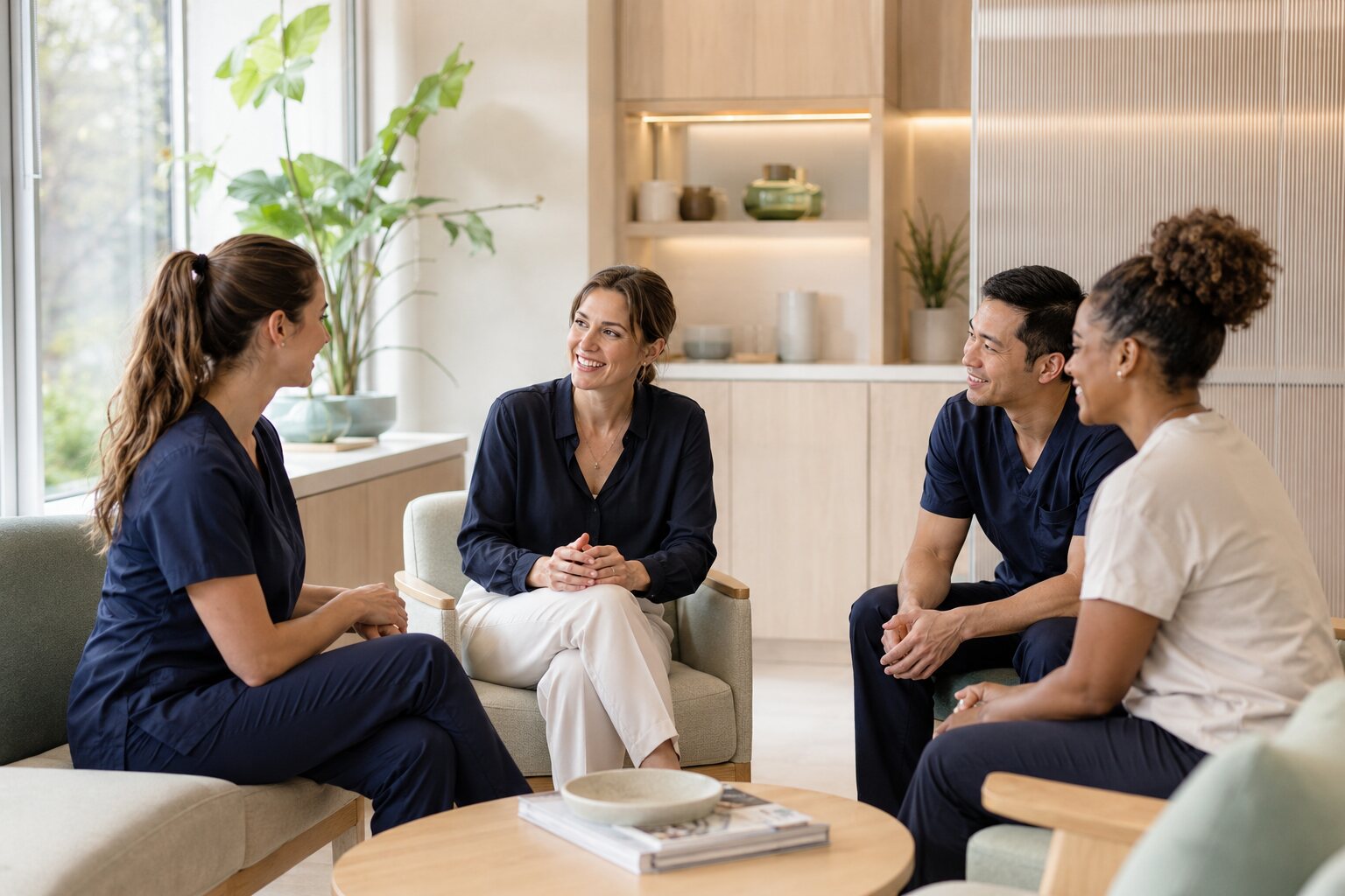 The fictional Juniper & Tide care team talking together in a bright office